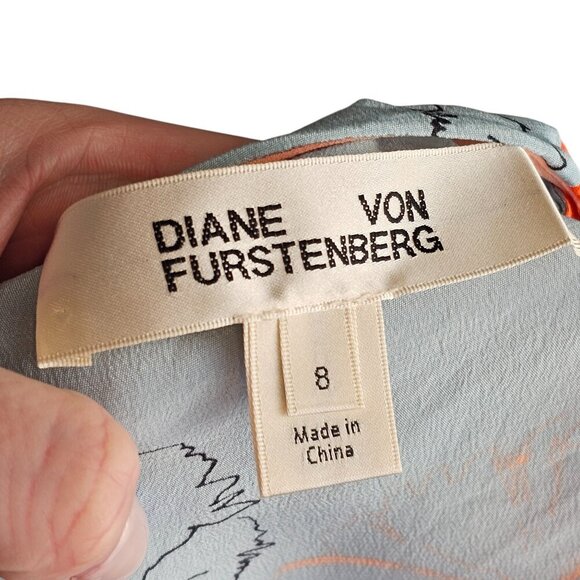 Diane Von Furstenburg Orange Blue and Black Floral Silk Dress Sz 8 - Picture 9 of 11